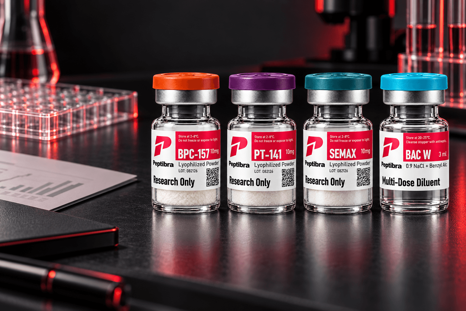 Viales Peptibra BPC-157, PT-141, SEMAX y BAC W en laboratorio